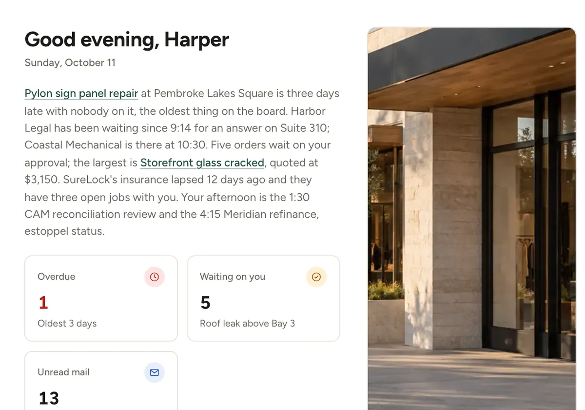 The morning briefing in the Sevrel app: a short written summary, counts of overdue work orders and unread mail, and the jobs that need attention.