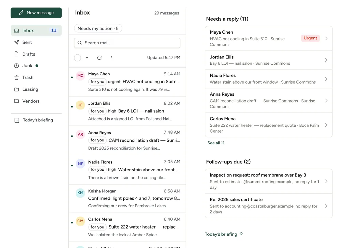 The Sevrel mail page with a sample inbox from tenants, vendors and a law firm.
